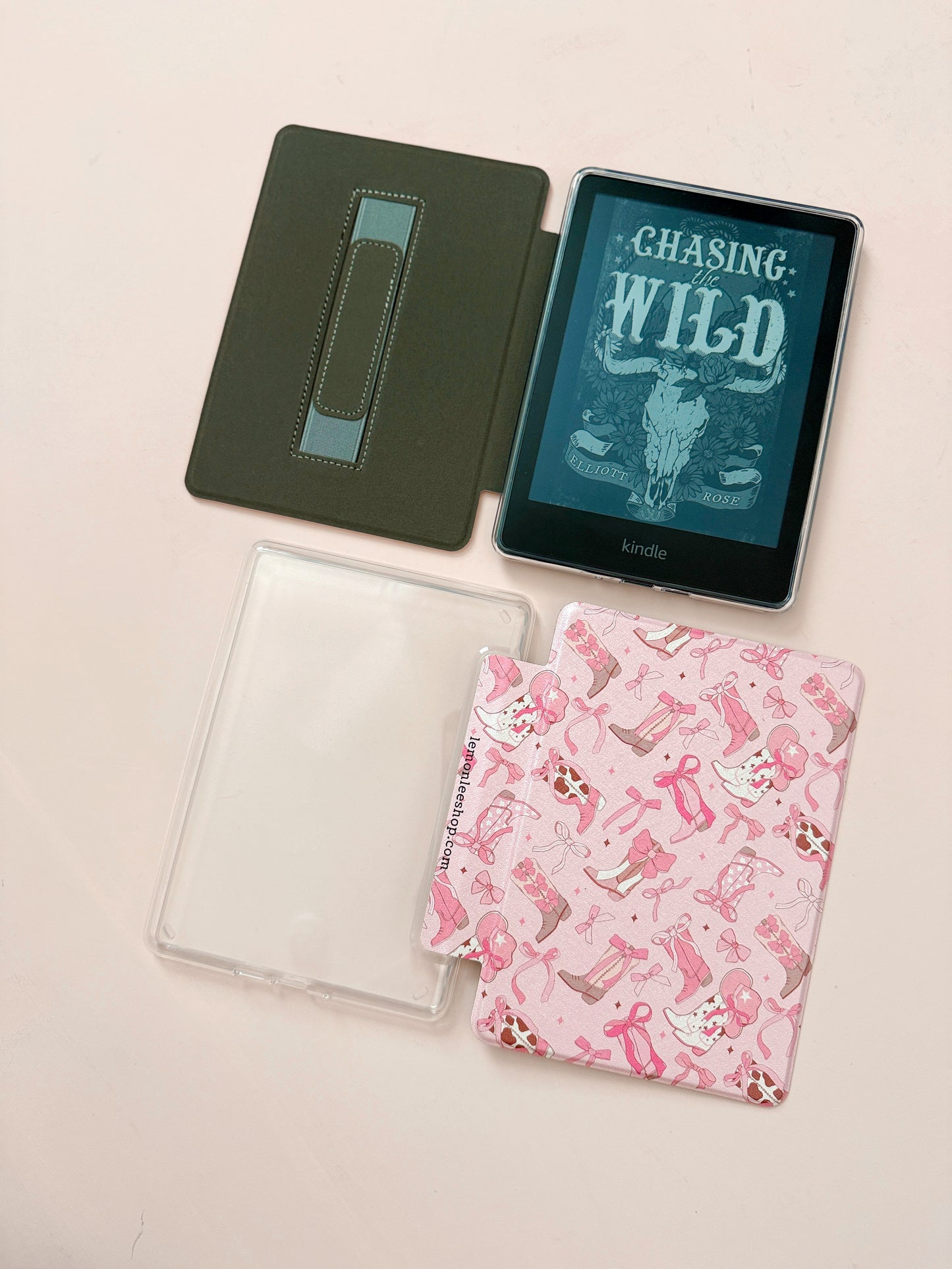 The Best of Both Kindle Case Cover with Clear Back and Cover Strap - Boots + Bows - 11th + 12th Gen Paperwhite and Kindle Basic