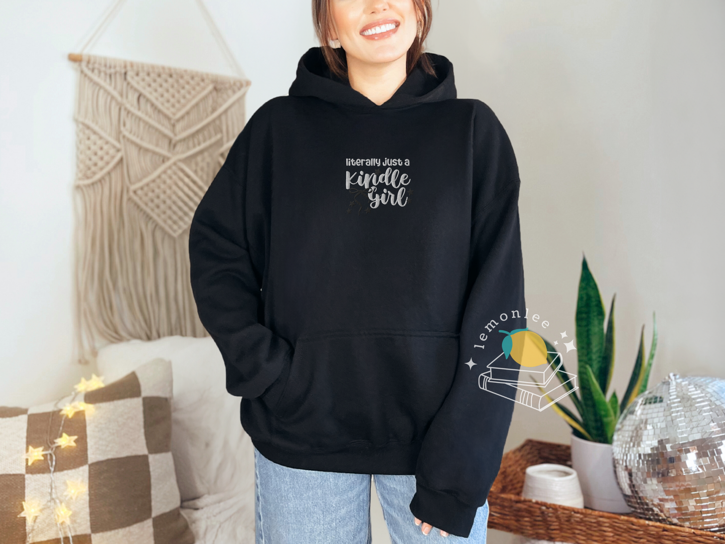 Literally Just A Kindle Girl Embroidered Cozy Bookish Hoodie
