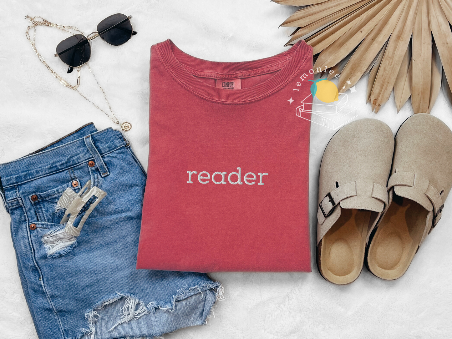 "Reader" Embroidered Comfort Colors Tee - White Embroidery
