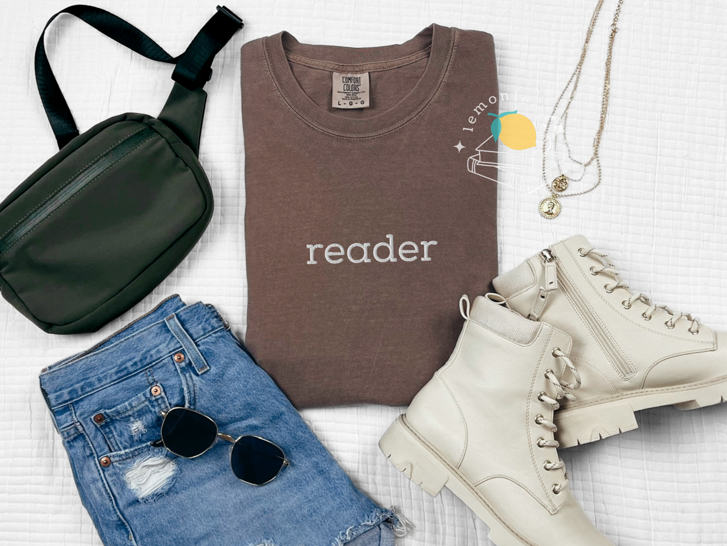 "Reader" Embroidered Comfort Colors Tee - White Embroidery