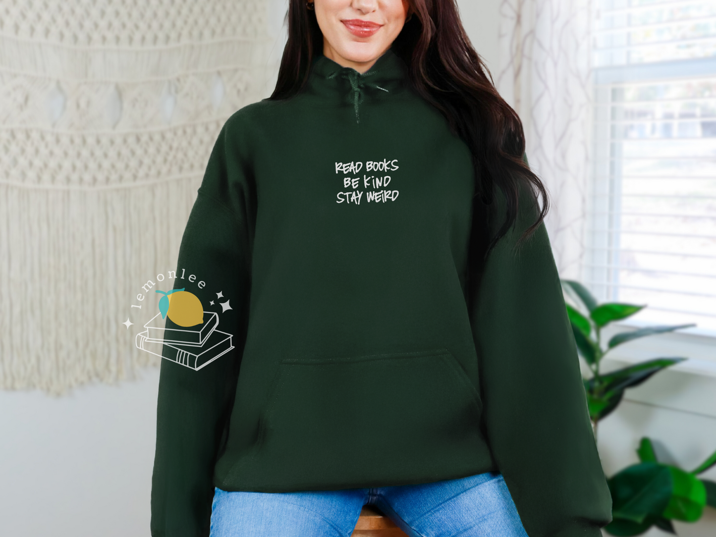 Read Books. Be Kind. Stay Weird. Embroidered Cozy Bookish Hoodie - White Embroidery