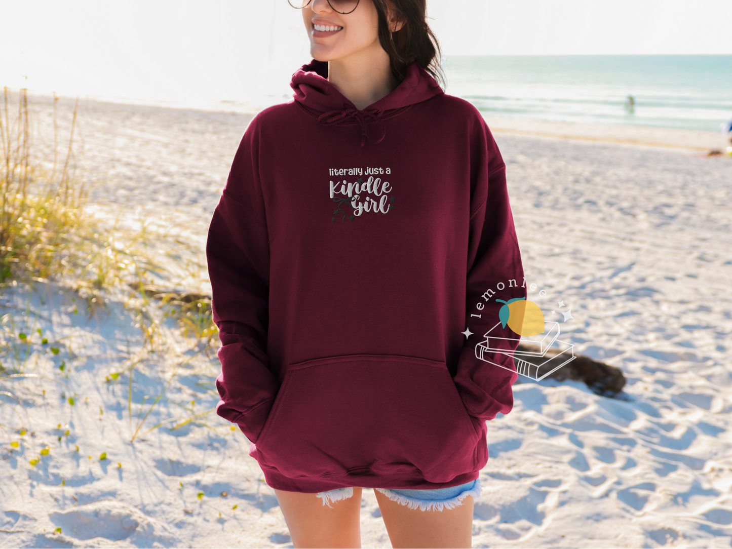 Literally Just A Kindle Girl Embroidered Cozy Bookish Hoodie