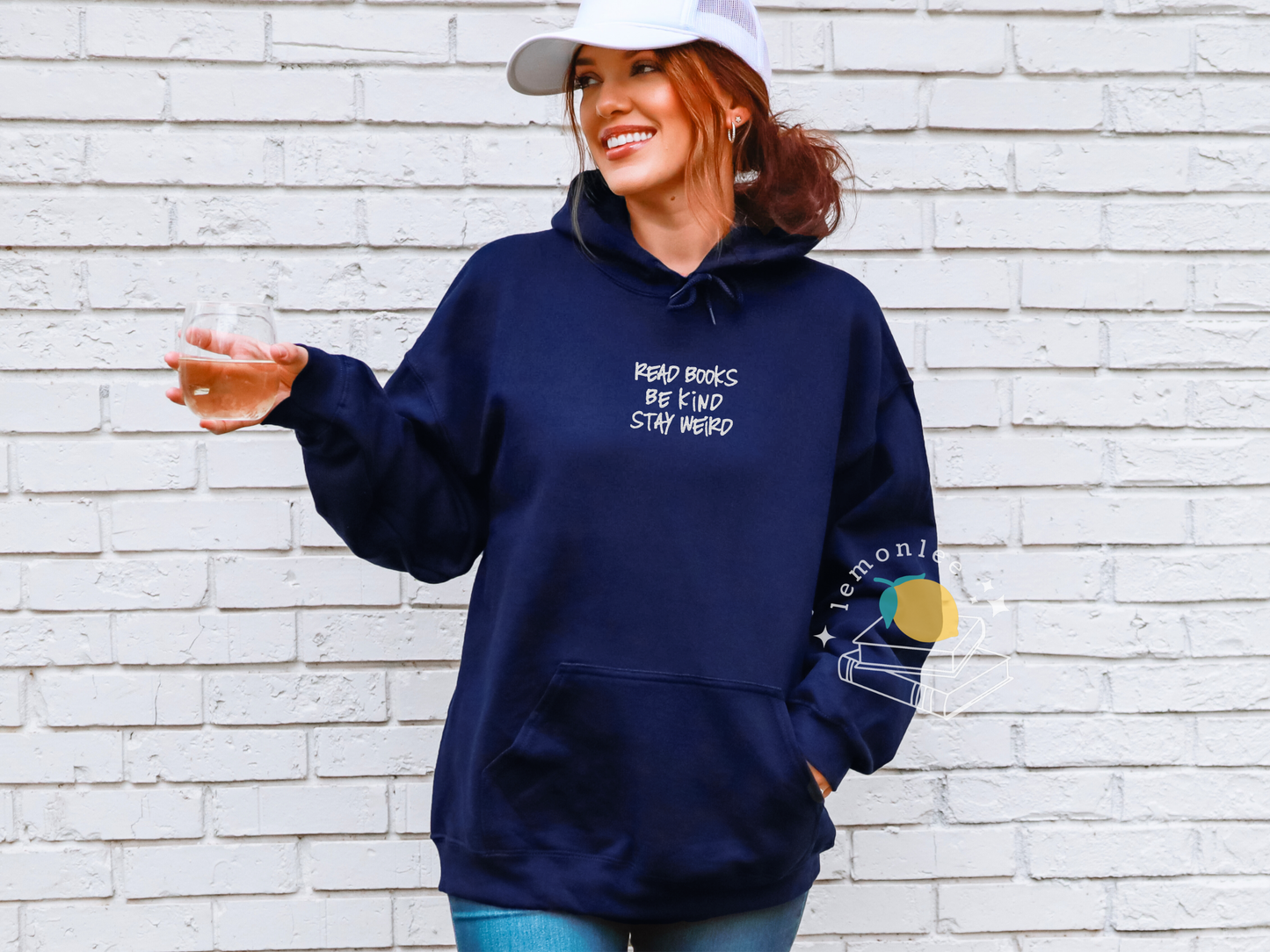 Read Books. Be Kind. Stay Weird. Embroidered Cozy Bookish Hoodie - White Embroidery