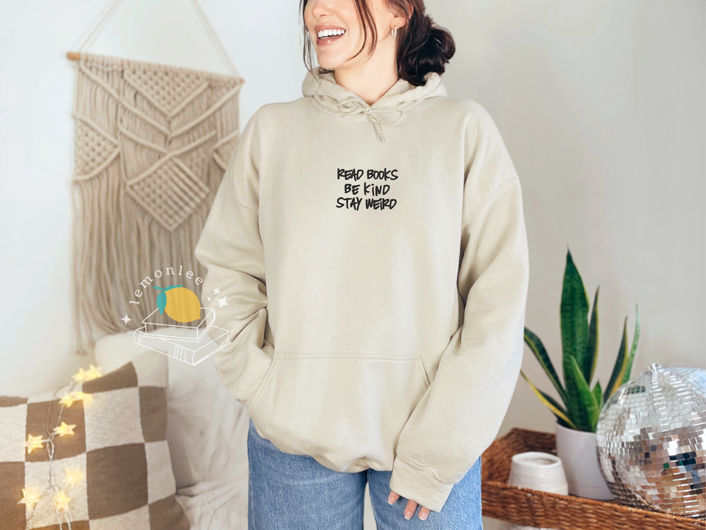 Read Books. Be Kind. Stay Weird. Embroidered Cozy Bookish Hoodie - Black Embroidery