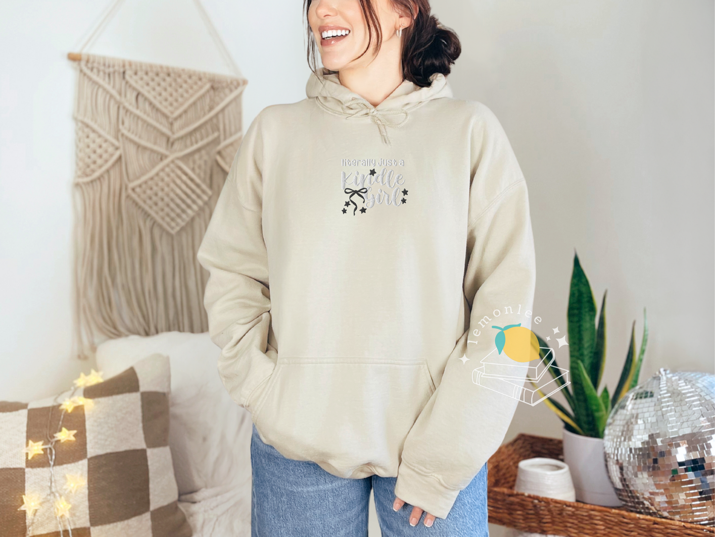 Literally Just A Kindle Girl Embroidered Cozy Bookish Hoodie