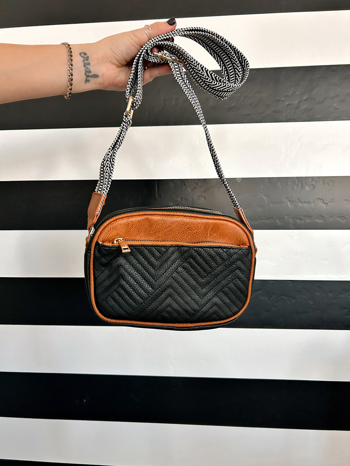 Lux Quilted Faux Leather Shoulder or Crossbody Purse - Black and Brown