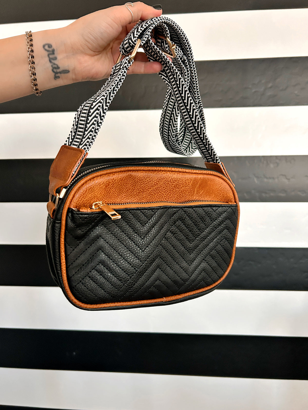 Lux Quilted Faux Leather Shoulder or Crossbody Purse - Black and Brown