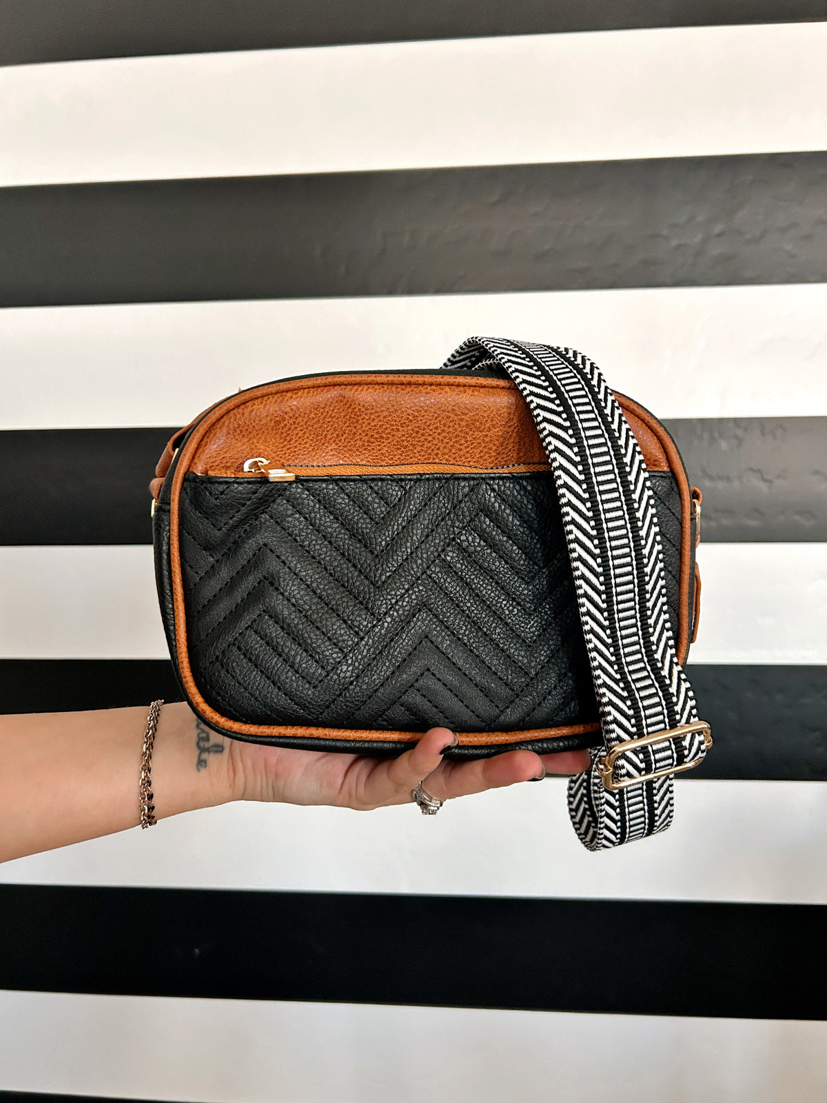 Lux Quilted Faux Leather Shoulder or Crossbody Purse - Black and Brown