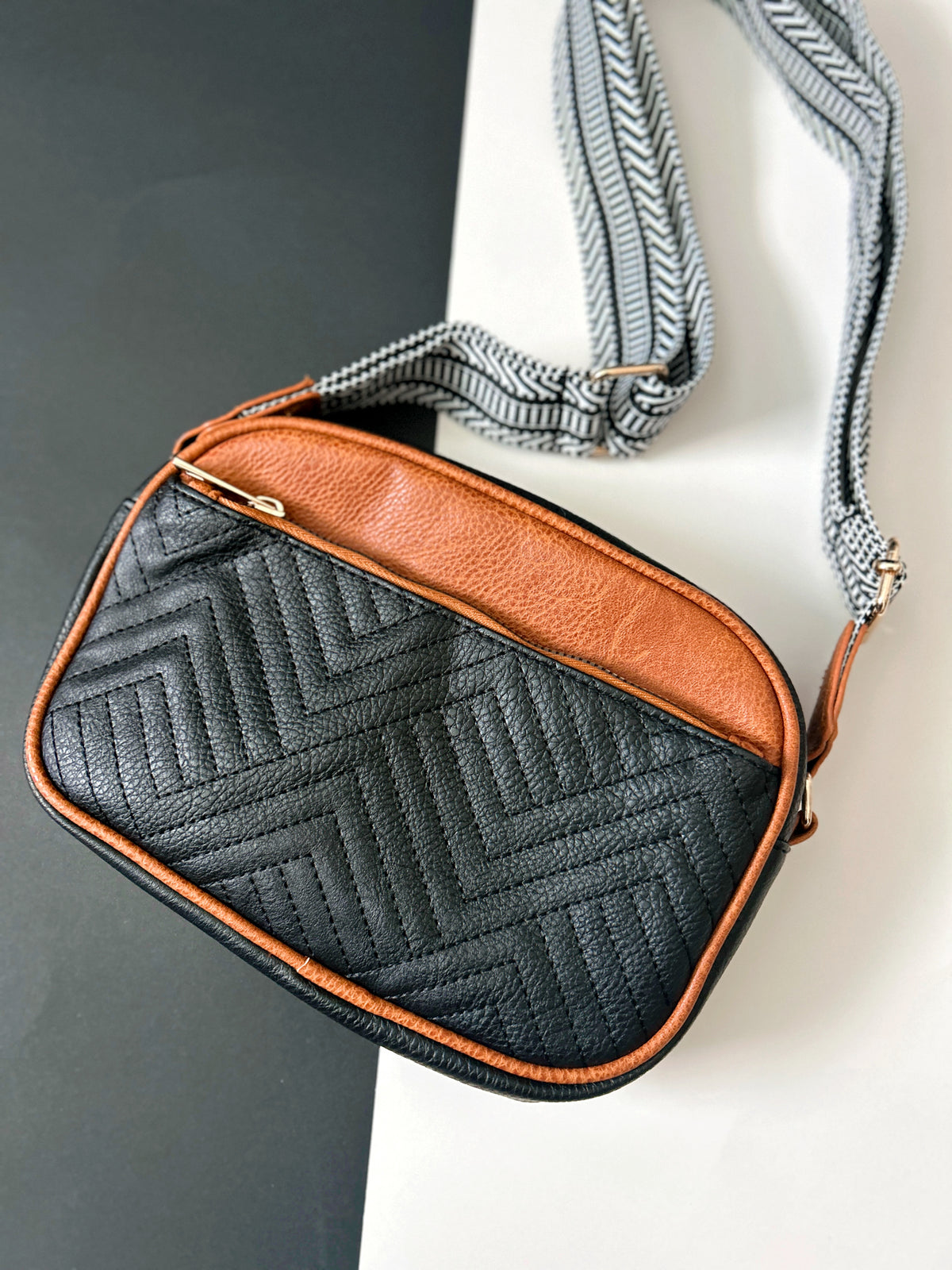 Lux Quilted Faux Leather Shoulder or Crossbody Purse - Black and Brown