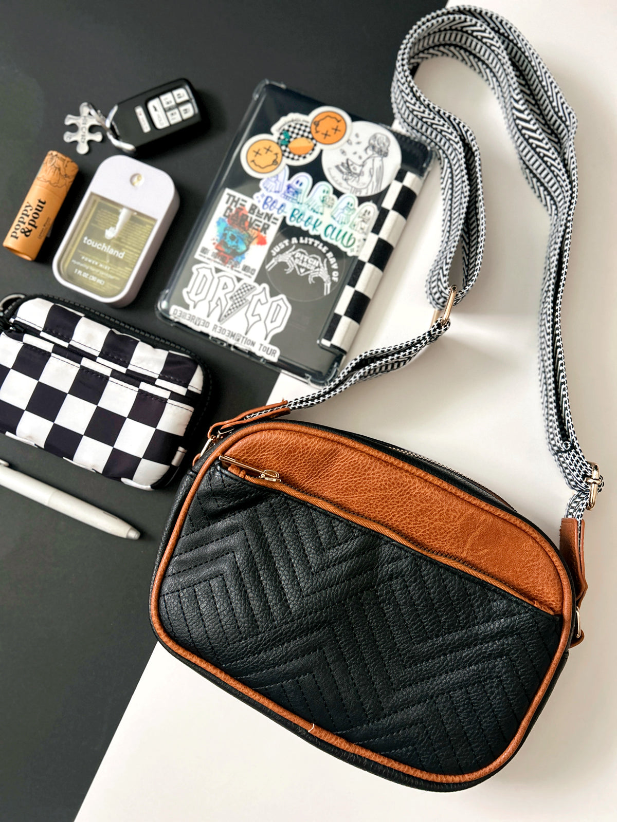 Lux Quilted Faux Leather Shoulder or Crossbody Purse - Black and Brown