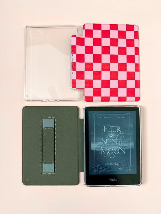 The Best of Both Kindle Case Cover with Clear Back and Cover Strap - Red and Pink Checkers - 11th + 12th Gen Paperwhite and Kindle Basic