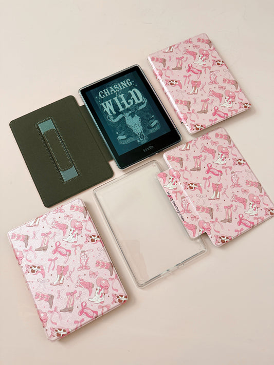 The Best of Both Kindle Case Cover with Clear Back and Cover Strap - Boots + Bows - 11th + 12th Gen Paperwhite and Kindle Basic