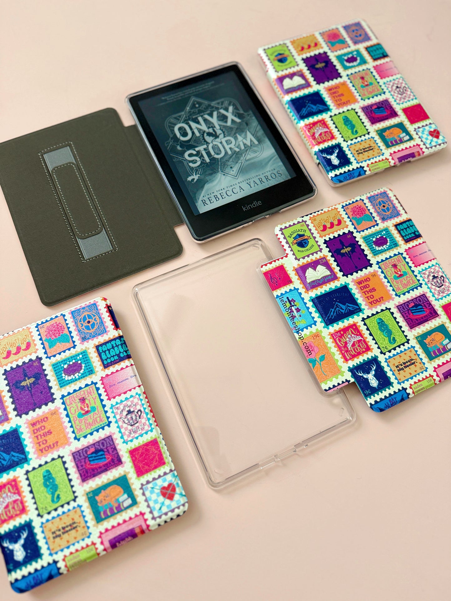 The Best of Both Kindle Case Cover with Clear Back and Cover Strap - Fantasy Stamps - 11th + 12th Gen Paperwhite and Kindle Basic