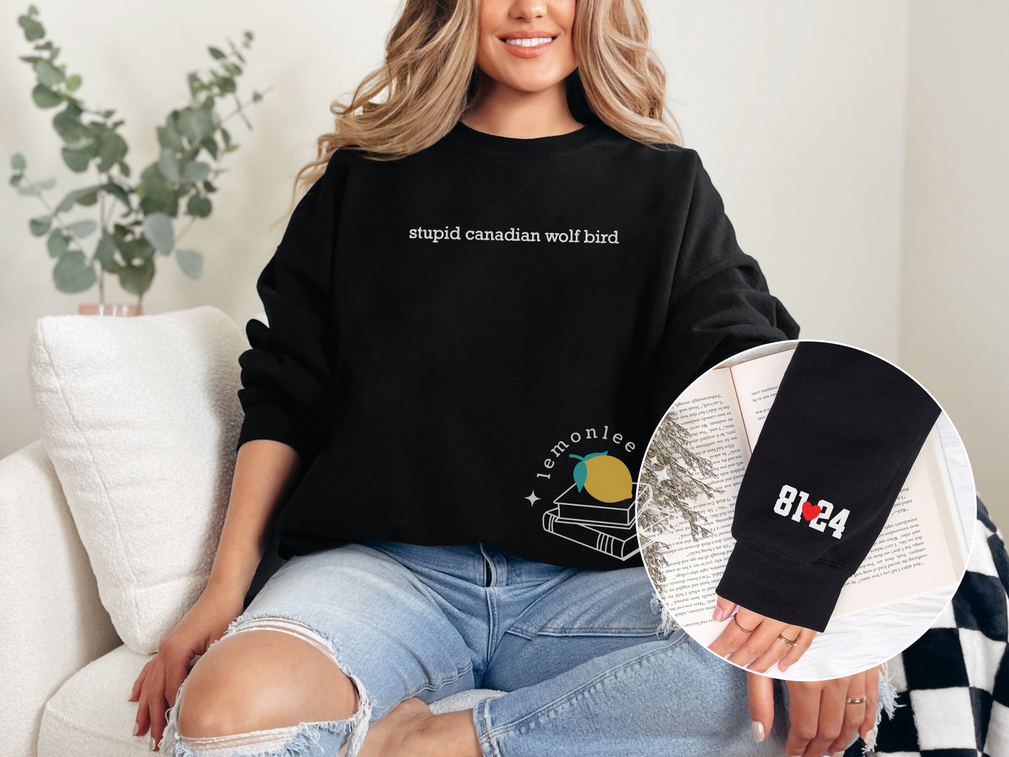 Stupid Canadian Wolf Bird Embroidered Crewneck Sweater with Sleeve Details