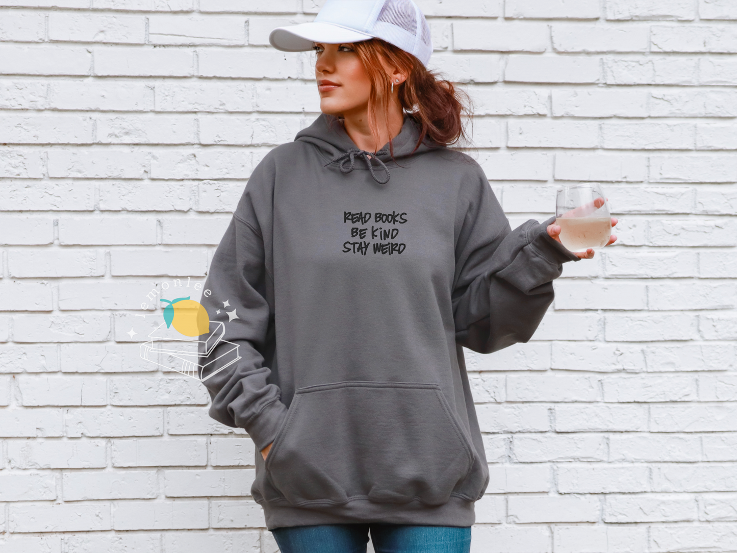 Read Books. Be Kind. Stay Weird. Embroidered Cozy Bookish Hoodie - Black Embroidery