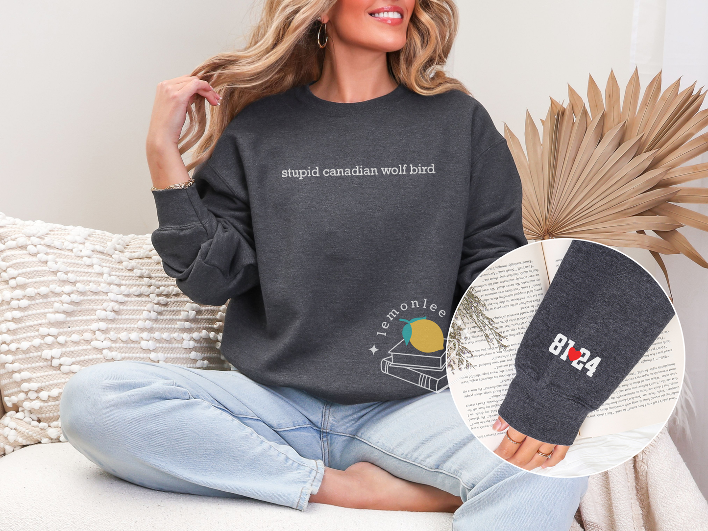 Stupid Canadian Wolf Bird Embroidered Crewneck Sweater with Sleeve Details