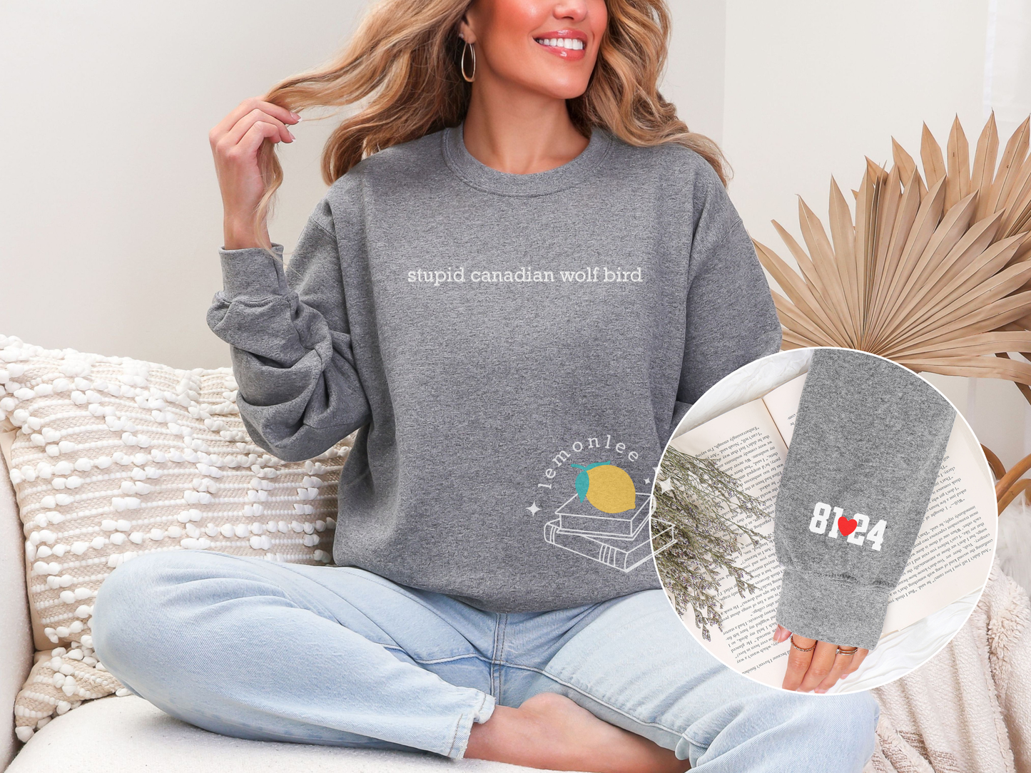 Stupid Canadian Wolf Bird Embroidered Crewneck Sweater with Sleeve Details