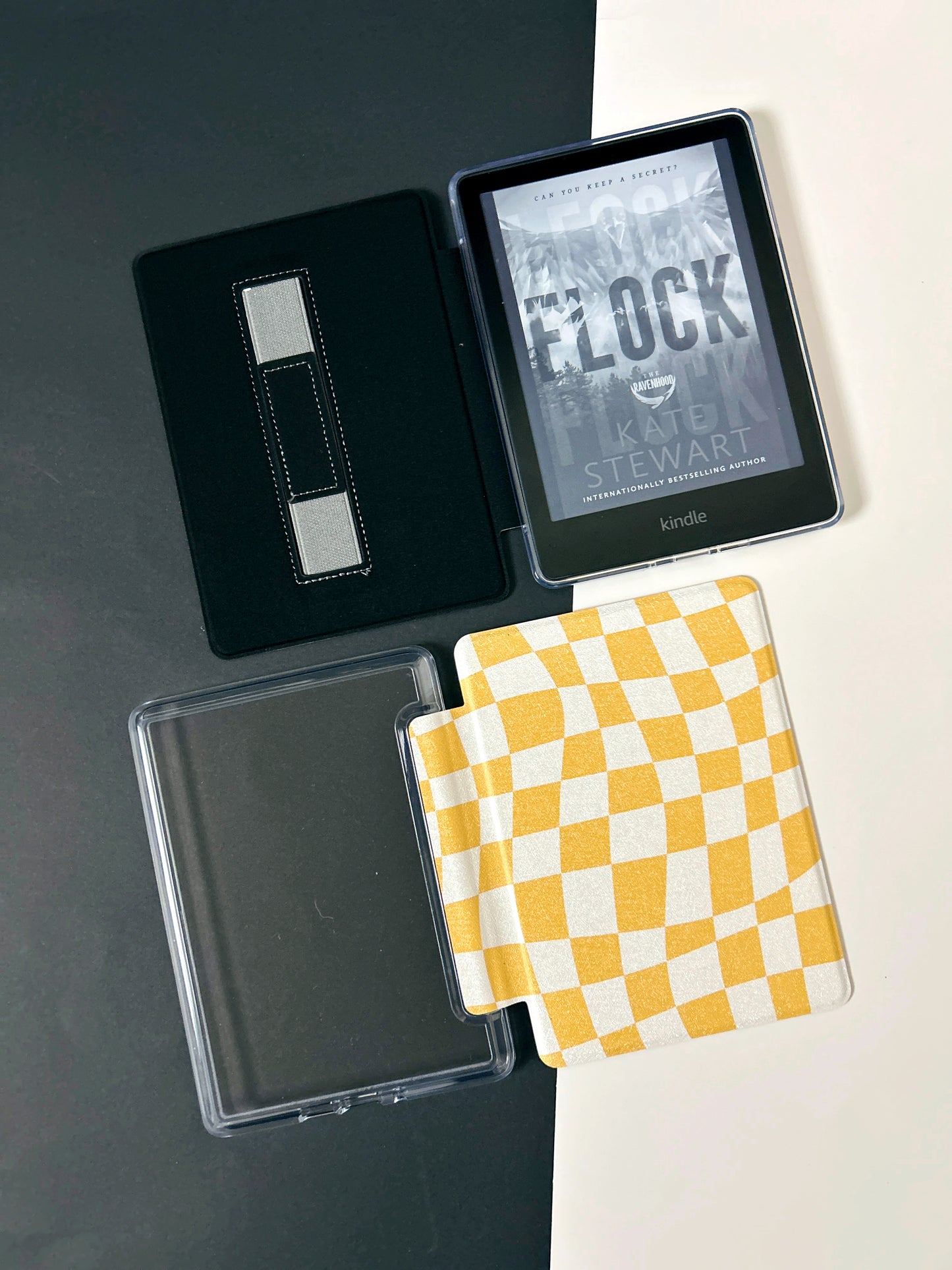 The Best of Both Kindle Case Cover with Clear Back and Cover Strap - Yellow Wave Check - 10th + 11th Gen Paperwhite and Kindle Basic