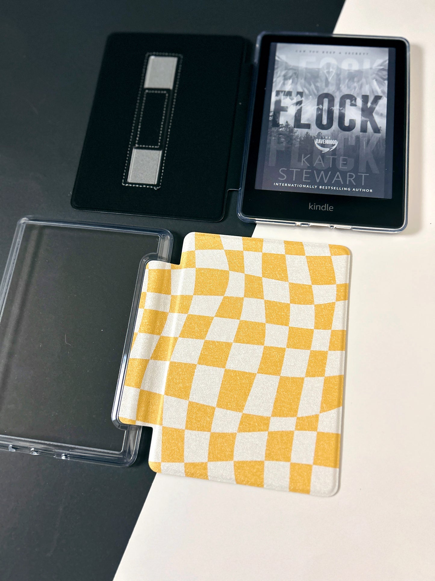 The Best of Both Kindle Case Cover with Clear Back and Cover Strap - Yellow Wave Check - 10th + 11th Gen Paperwhite and Kindle Basic
