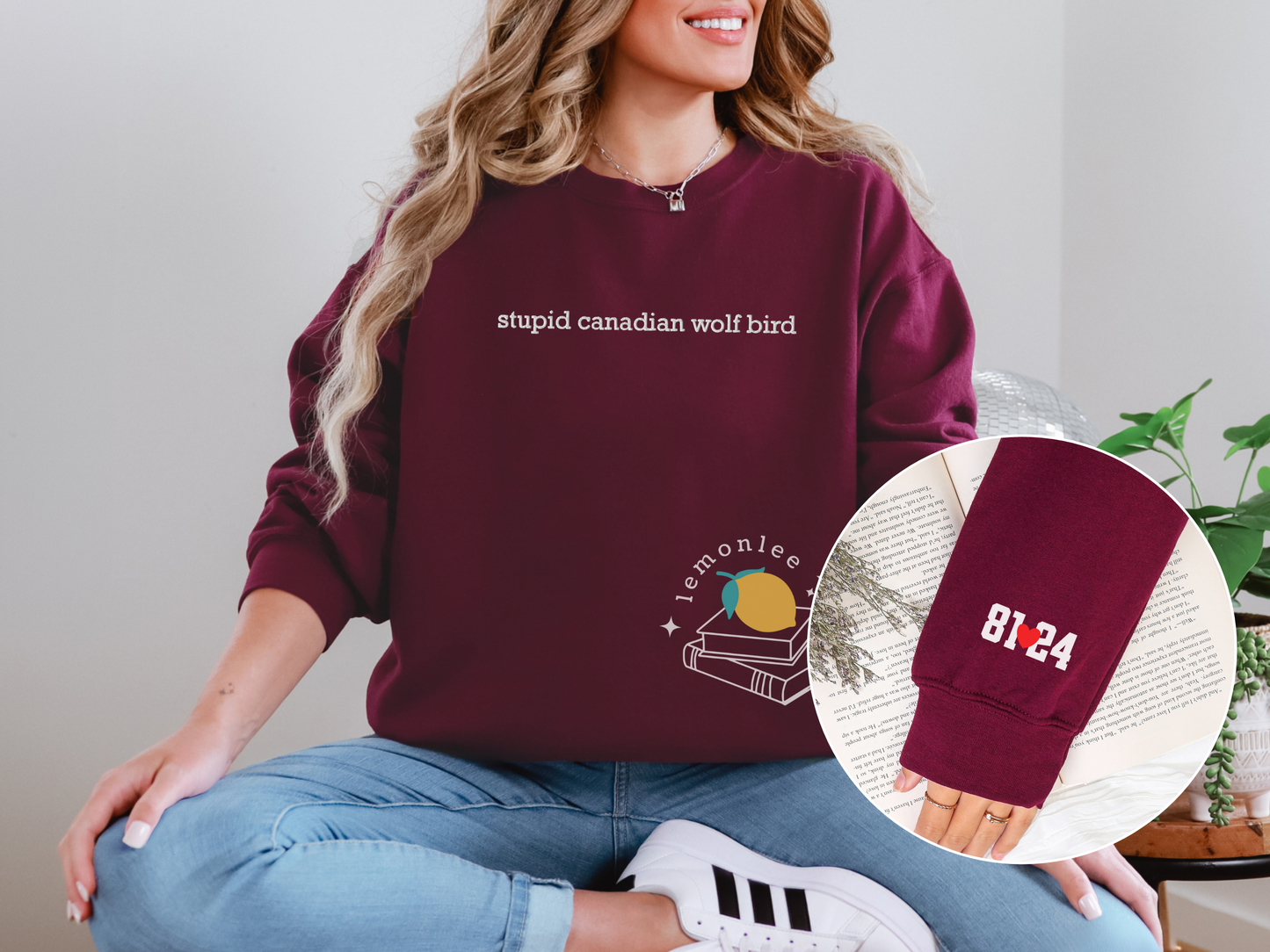 Stupid Canadian Wolf Bird Embroidered Crewneck Sweater with Sleeve Details