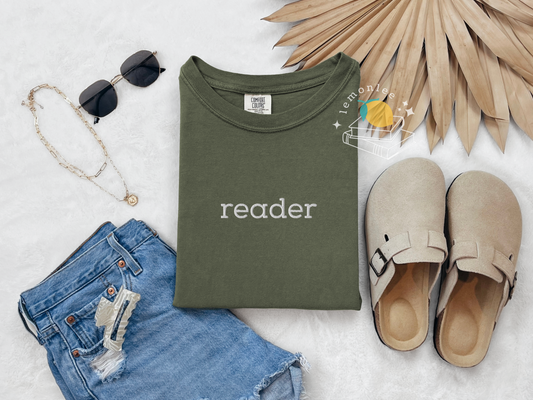 "Reader" Embroidered Comfort Colors Tee - White Embroidery