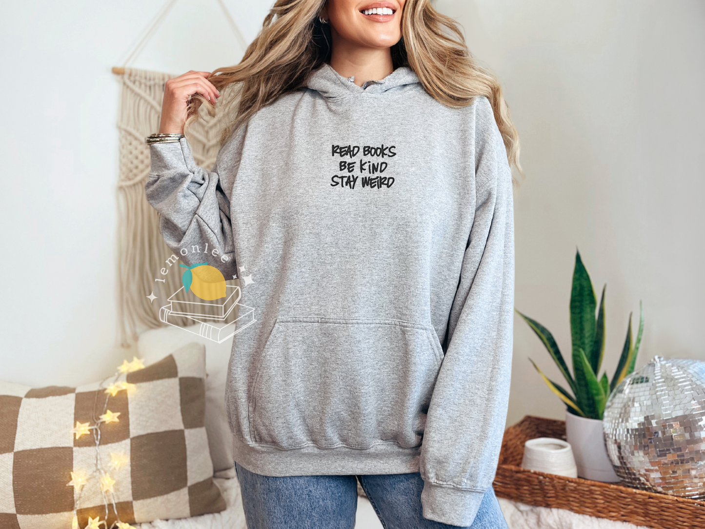 Read Books. Be Kind. Stay Weird. Embroidered Cozy Bookish Hoodie - Black Embroidery